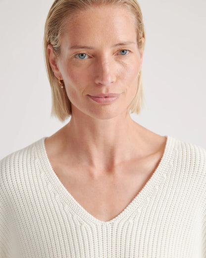 100% Organic Cotton Fisherman V-Neck Sweater - XS / Heather Brown