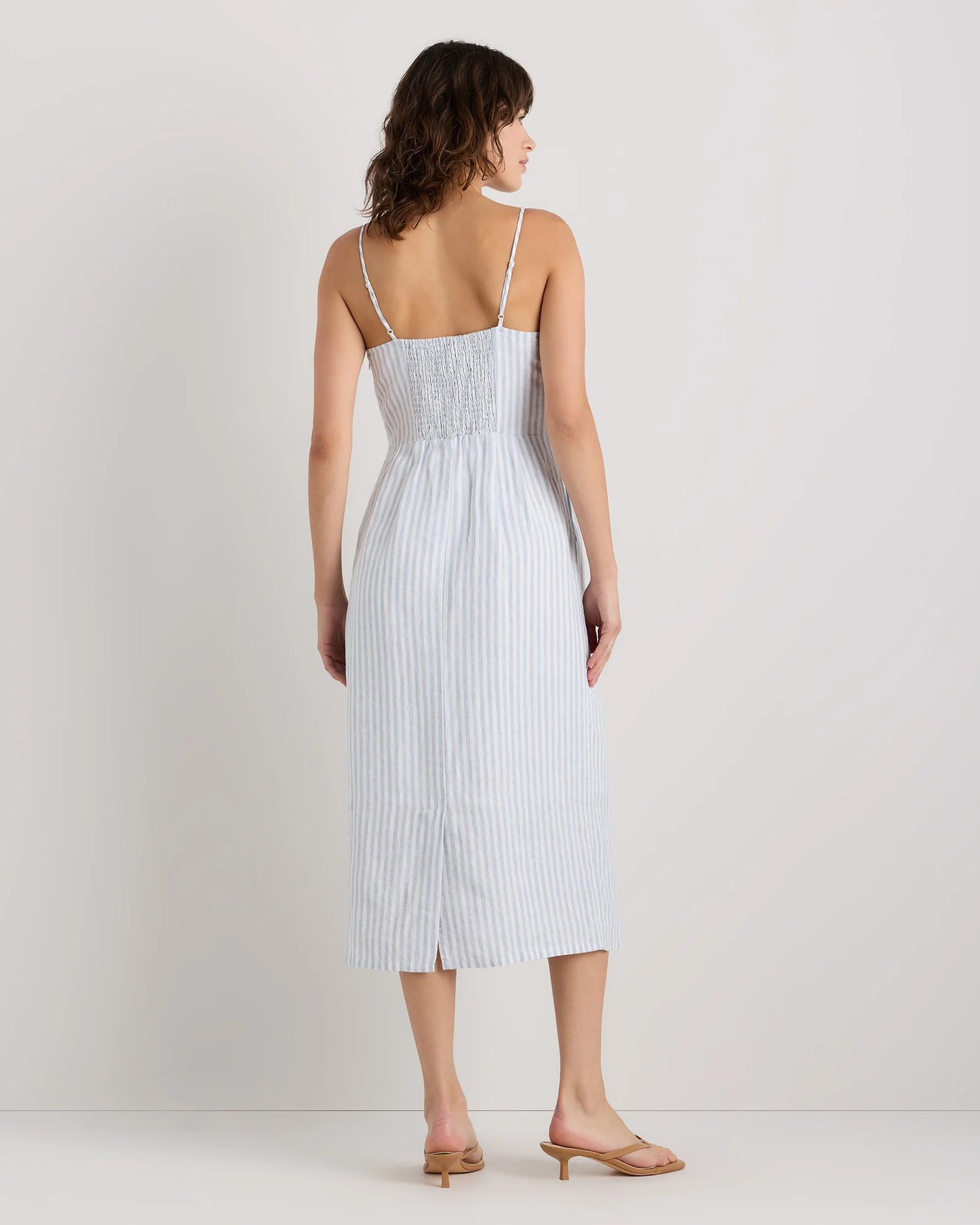100% European Linen Scoop Neck Midi Dress - XS / Ivory Porcelain Blue Petite Floral