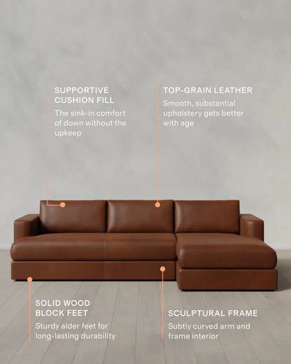 Sierra Curved Arm Chaise Sectional in Leather - Right Arm / Auburn