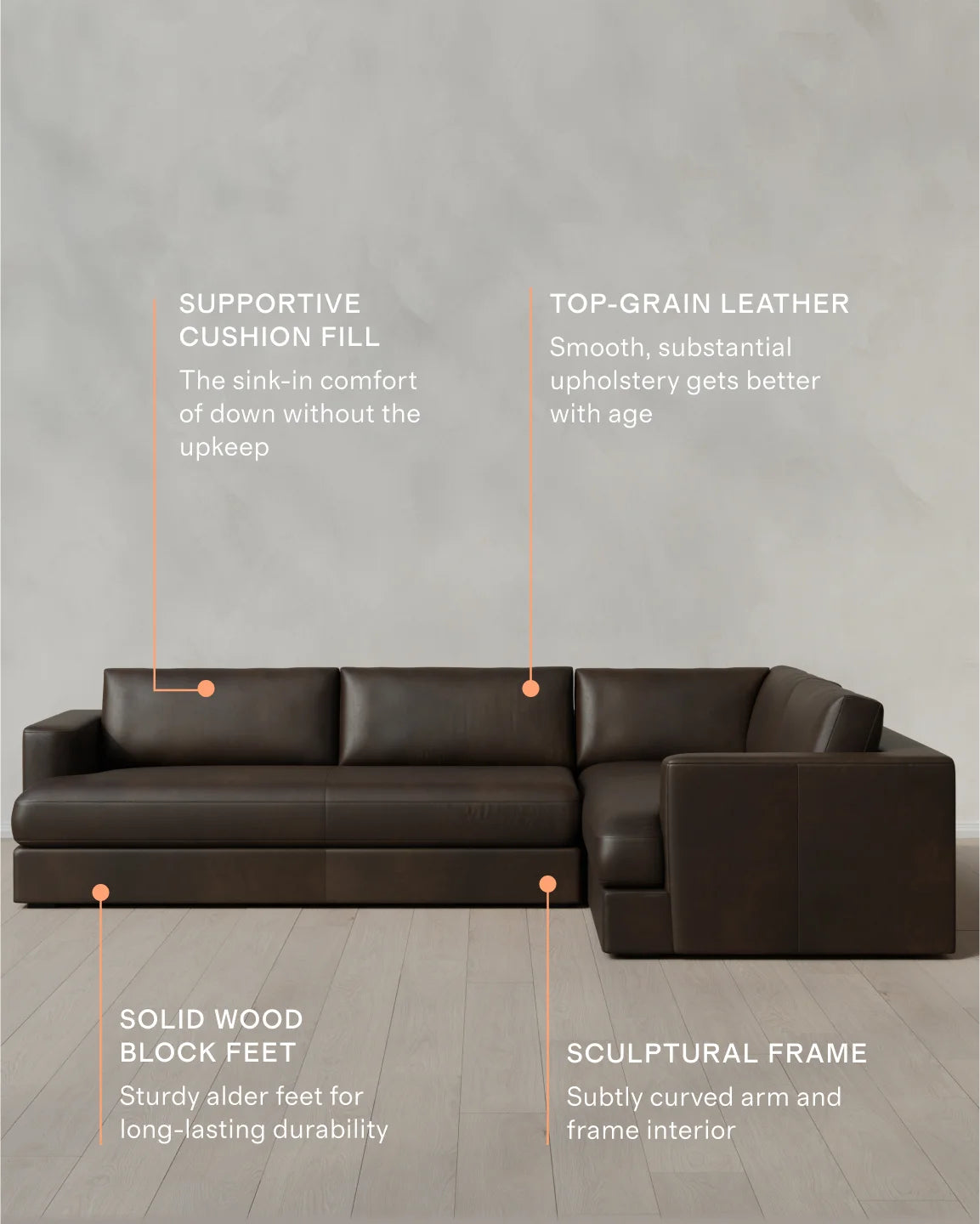 Sierra Curved Arm L Sectional in Leather - Right Arm / Auburn