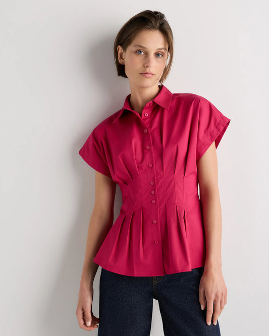 Stretch Twill Pleated Short Sleeve Shirt - XS / Amaranth Pink