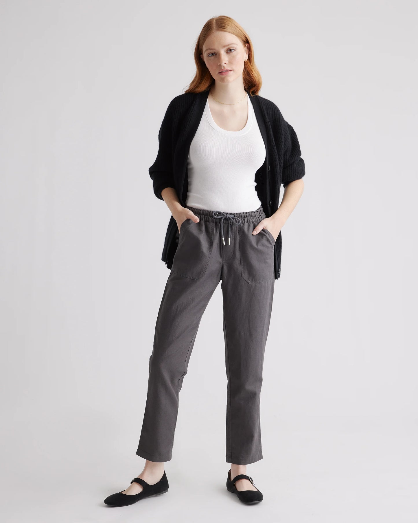 Cotton Linen Twill Straight Leg Pants - XS / Charcoal