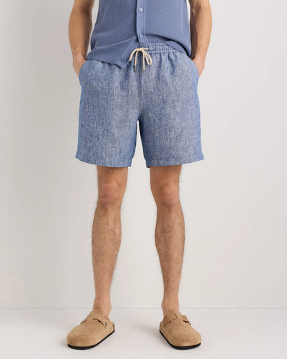 100% European Linen Drawstring Beach Shorts - 7" - XS / Taupe Brown Chambray