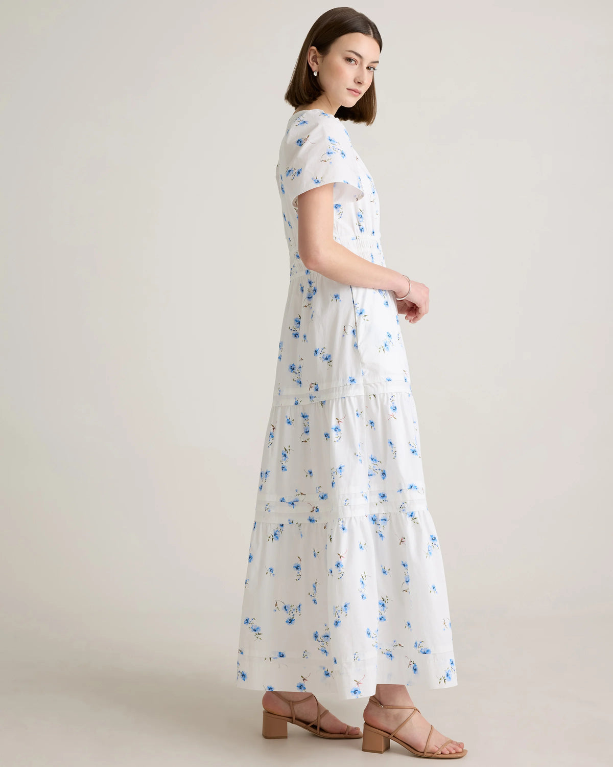 100% Organic Cotton Poplin Tiered Maxi Dress - XS / Riviera Blue Heirloom Floral