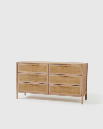 Solid Wood and Natural Rattan 6-Drawer Dresser - One Size / Natural