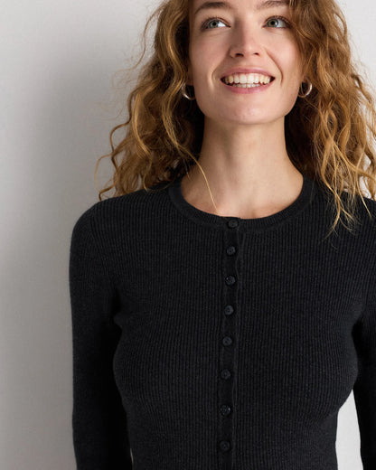 Cotton Cashmere Fitted Ribbed Cardigan - XS / Mocha Heather