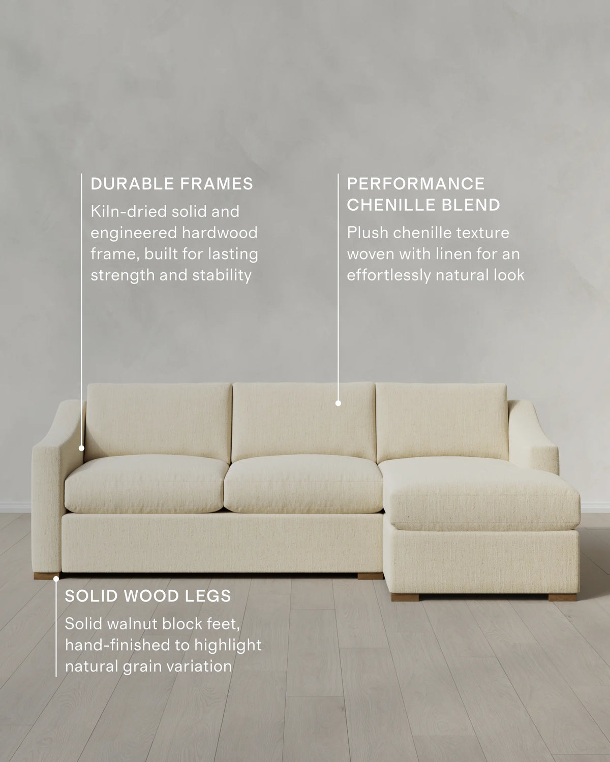Hollis Slope Arm Chaise Sectional in Performance Chenille Linen Blend - 104" Right Arm / Snow