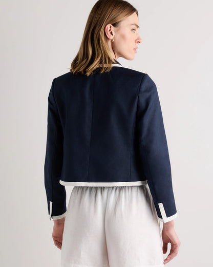 European Stretch Linen Cropped Lady Jacket - XS / Deep Navy/Ivory