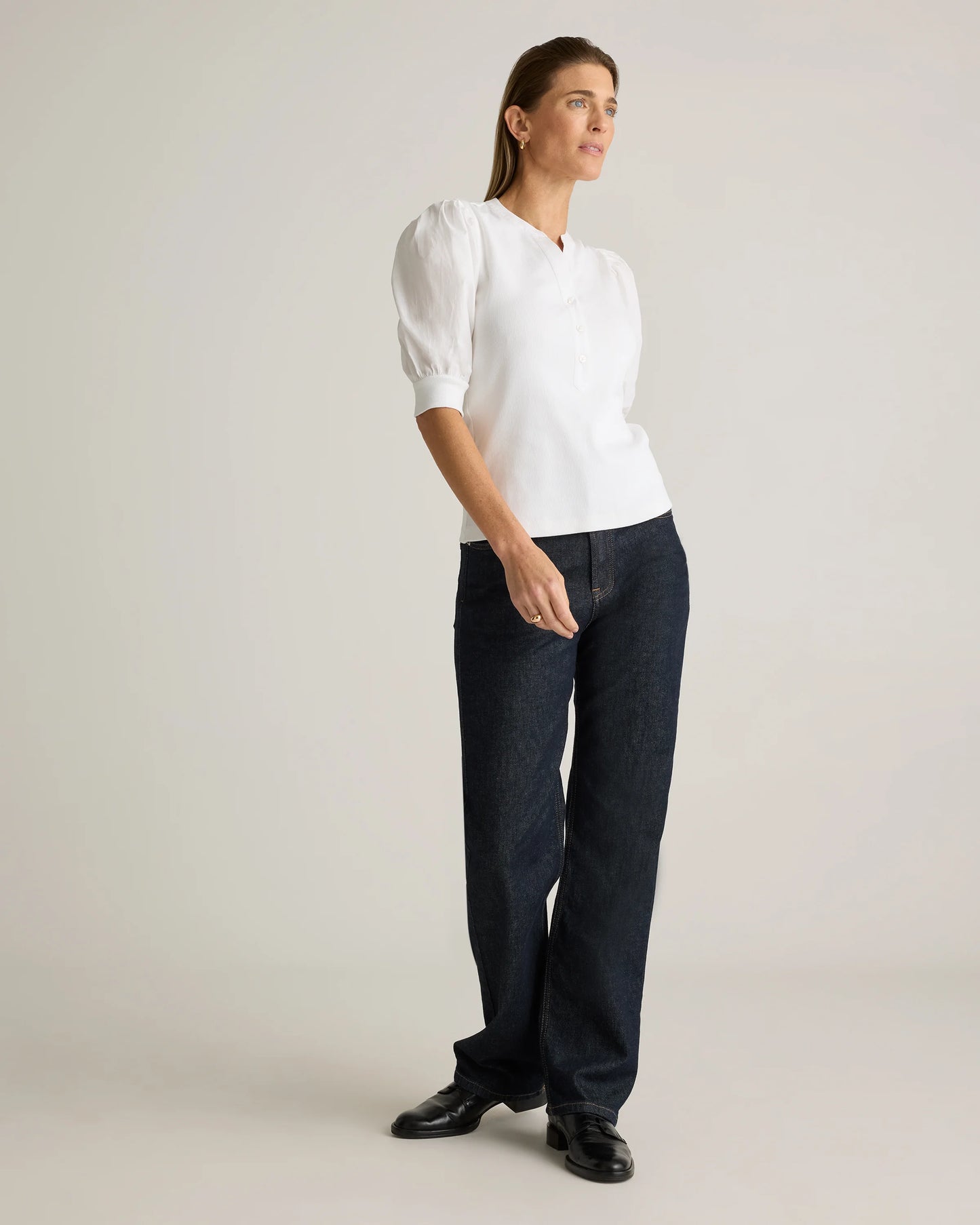 Cotton Mixed Media Puff Sleeve Top - XS / Classic White