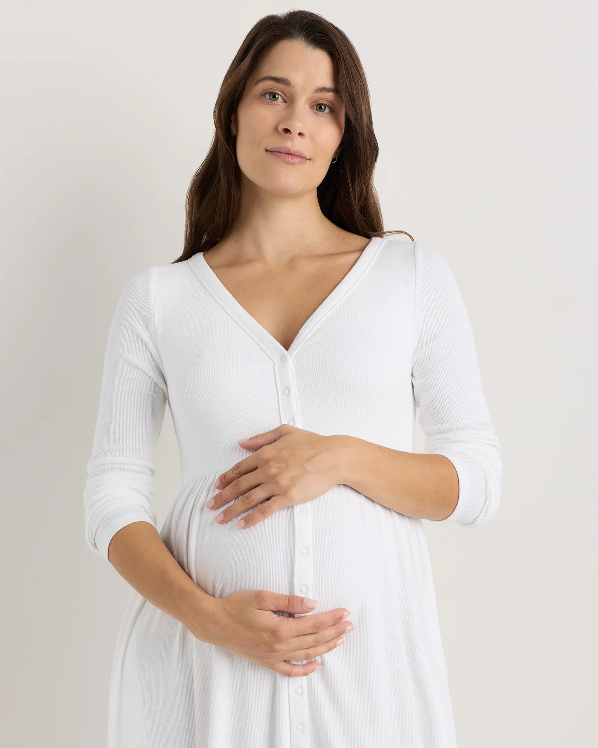 Bamboo Rib Maternity Long Sleeve Button Front Dress - XS / Classic White