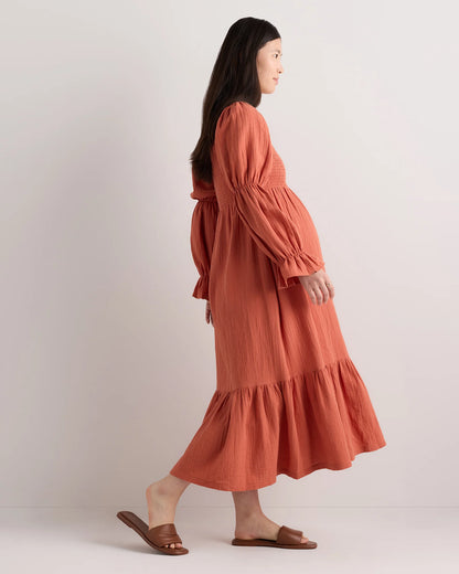 100% Organic Cotton Gauze Maternity Smocked Midi Dress - XS / Wild Cherry