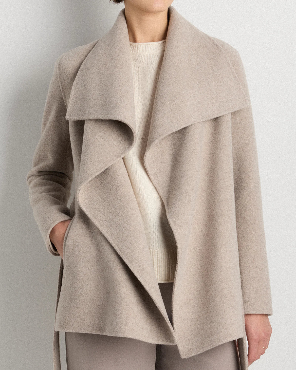 Double-Faced Merino Wool Draped Collar Short Wrap Coat - XS / Cocoa Melange