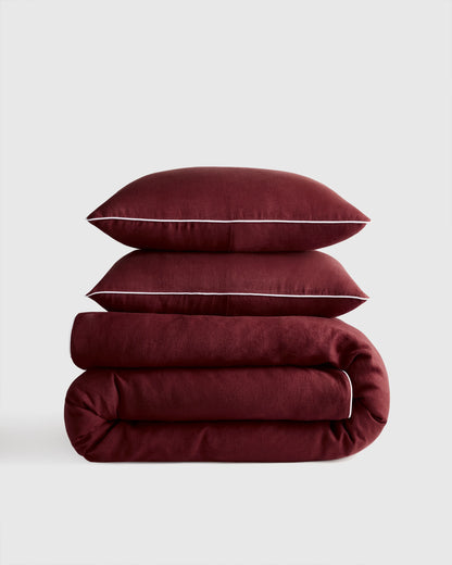 European Linen Piped Duvet Cover Set - Twin / White/Cherry