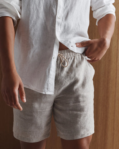 100% European Linen Drawstring Beach Shorts - 7" - XS / Taupe Brown Chambray