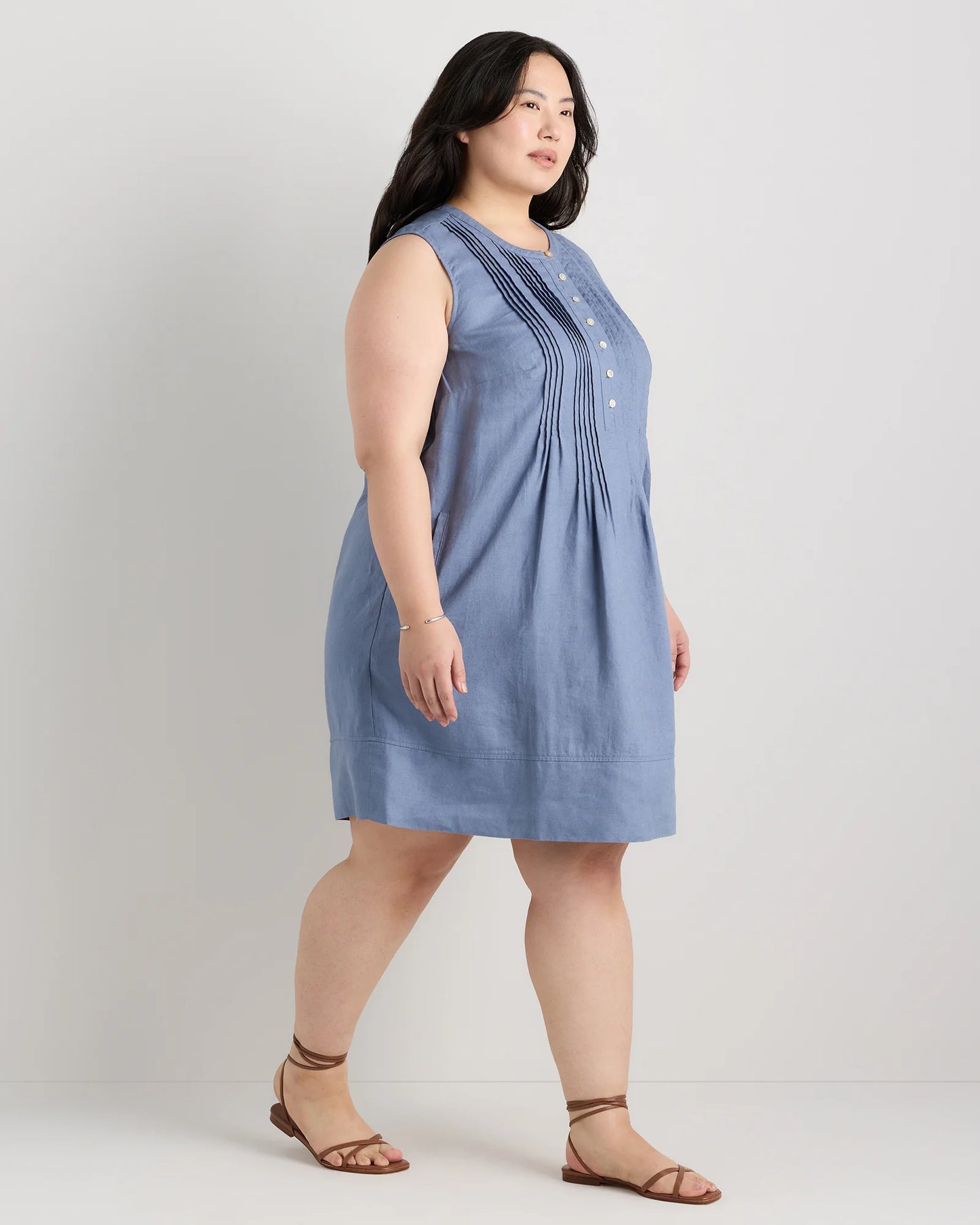 100% European Linen Sleeveless Swing Dress - 1X / Bayberry Olive