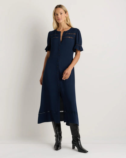Lightweight Crepe Lace Inset Midi Dress - XS / Moonstone Blue