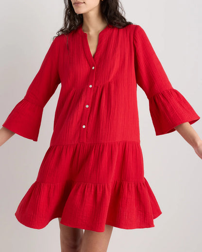 100% Organic Cotton Gauze Long Sleeve Tiered Mini Dress - XS / Amaranth Pink