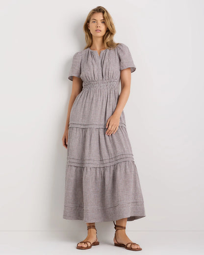 100% European Linen Tiered Maxi Dress - XS / Ivory Porcelain Blue Petite Floral
