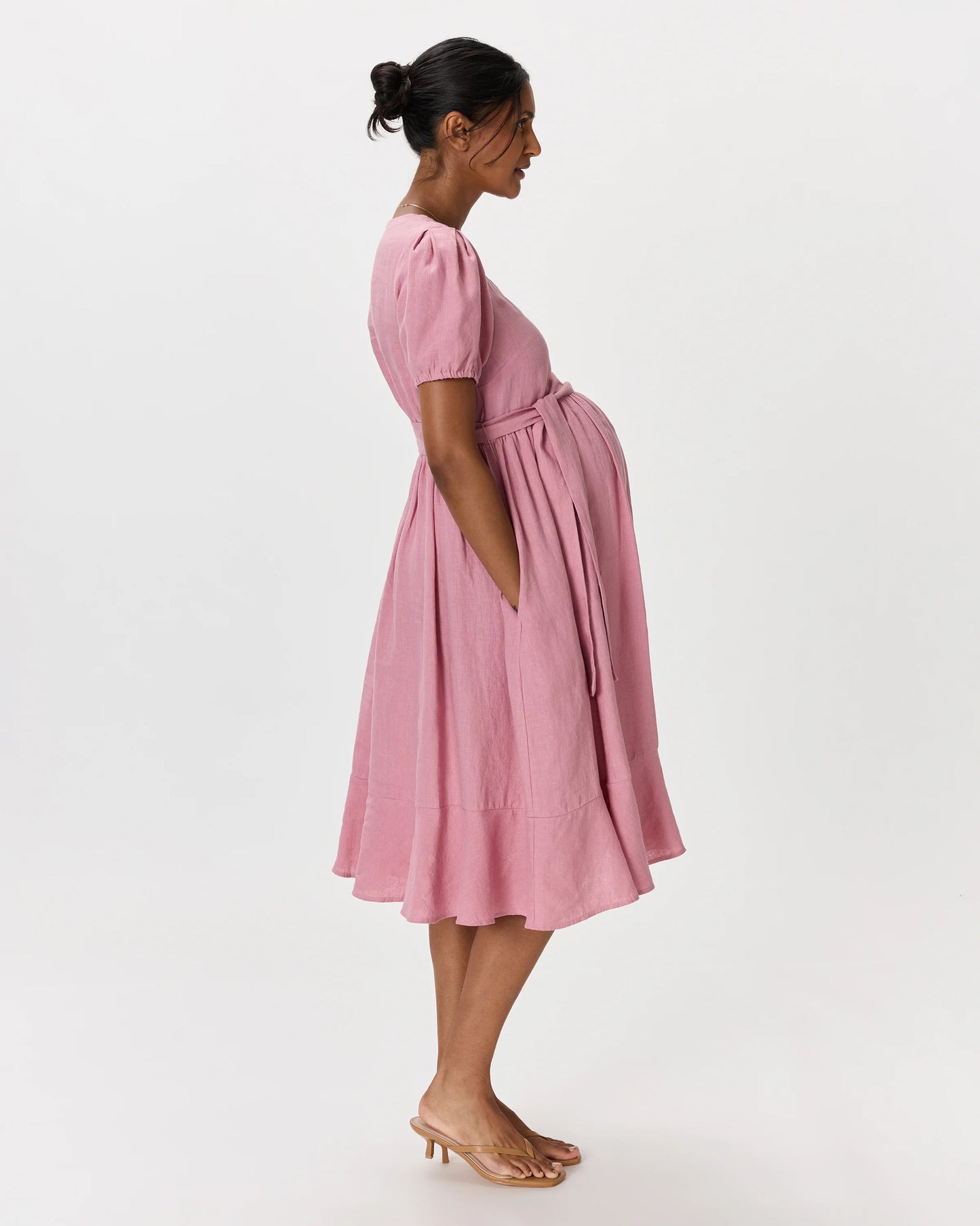 100% European Linen Maternity Short Sleeve Midi Dress - XS / Ivory Porcelain Blue Petite Floral