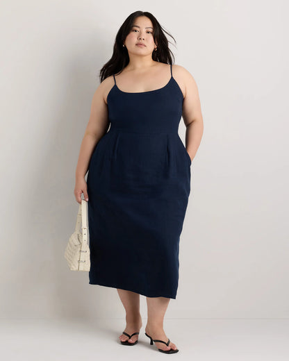 100% European Linen Scoop Neck Midi Dress - 1X / Deep Navy