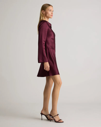 100% Washable Silk Long Sleeve Mini Dress - XS / Wine Tasting Red