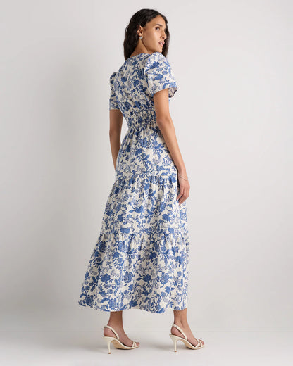 100% Organic Cotton Poplin Tiered Maxi Dress - XS / Riviera Blue Heirloom Floral