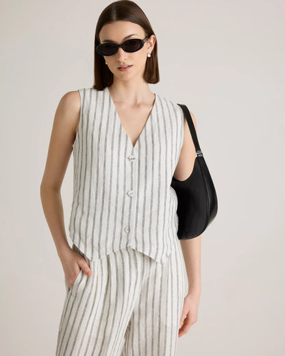 100% European Linen Vest - XS / Blue Pinstripe