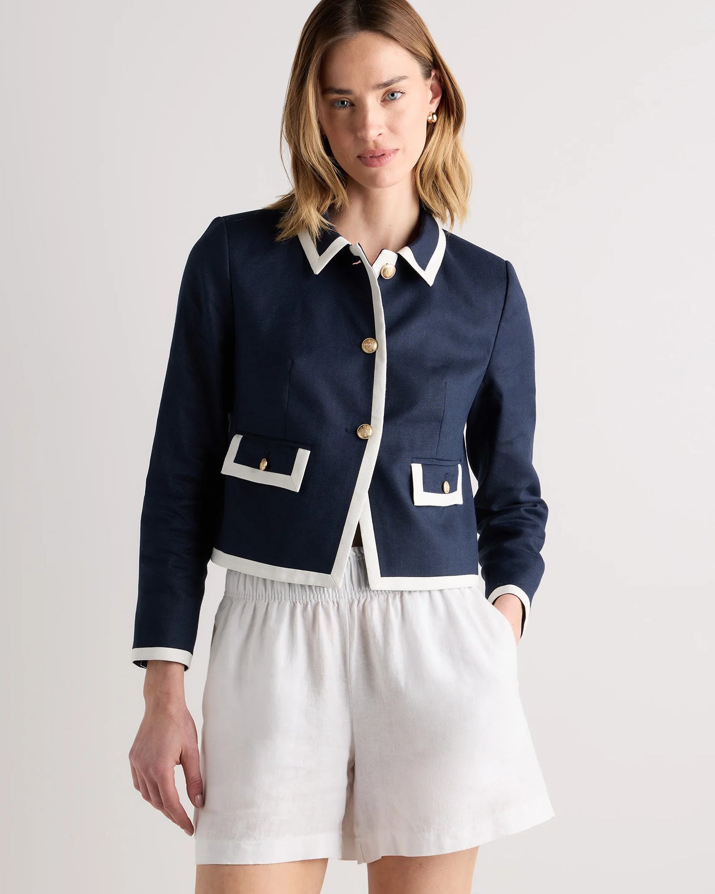 European Stretch Linen Cropped Lady Jacket - XS / Deep Navy/Ivory