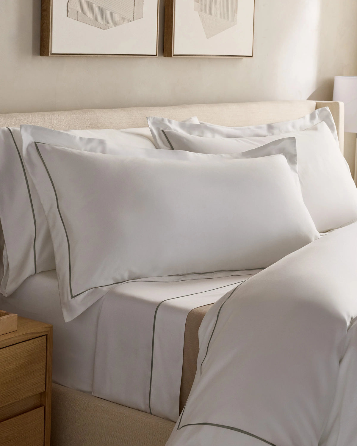 Signature Giza Cotton Sateen Embroidered Sham Set - Standard / White/Dried Sage
