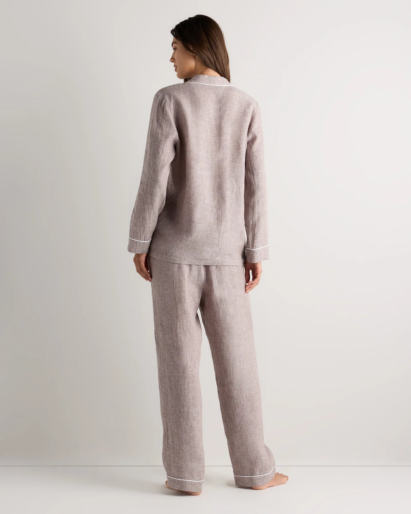 100% European Linen Long Sleeve Pajama Set with Piping - XS / Taupe Brown Gingham