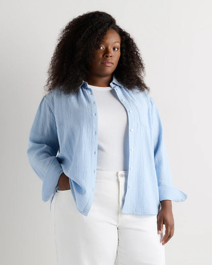 100% Organic Cotton Gauze Long Sleeve Shirt - 1X / White