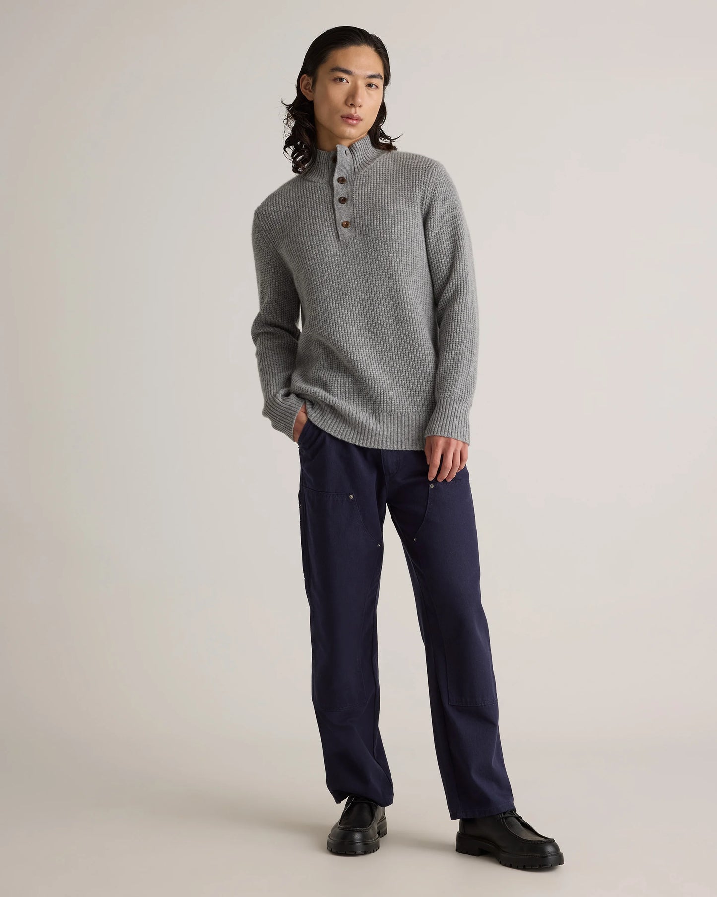 Mongolian Cashmere Waffle Quarter Button Sweater - S / Elk Brown