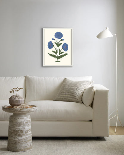Blue Mughal Poppy Antique Print - 21.25"x26.25" / White