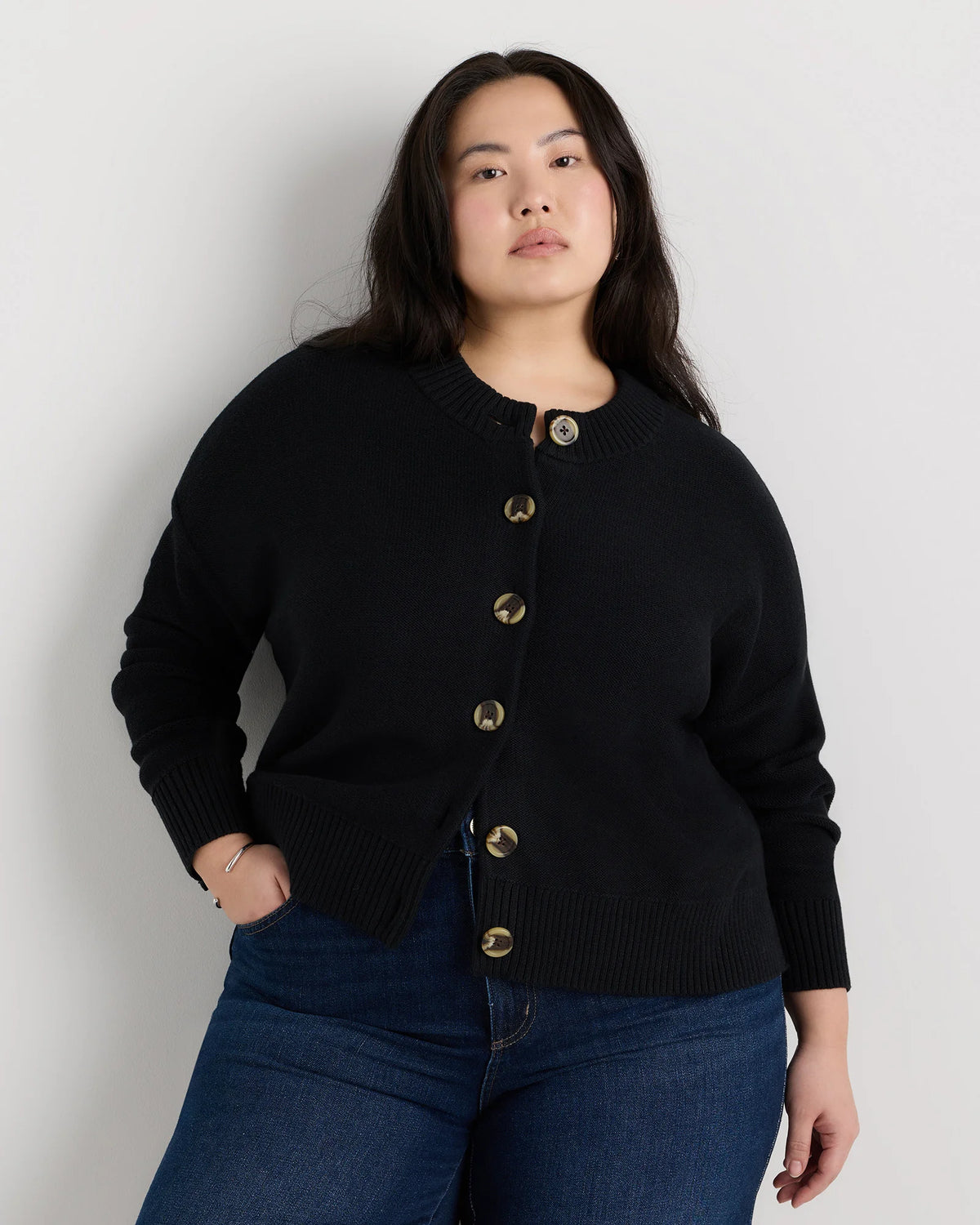 100% Organic Cotton Cropped Cardigan - 1X / Speckled Beige