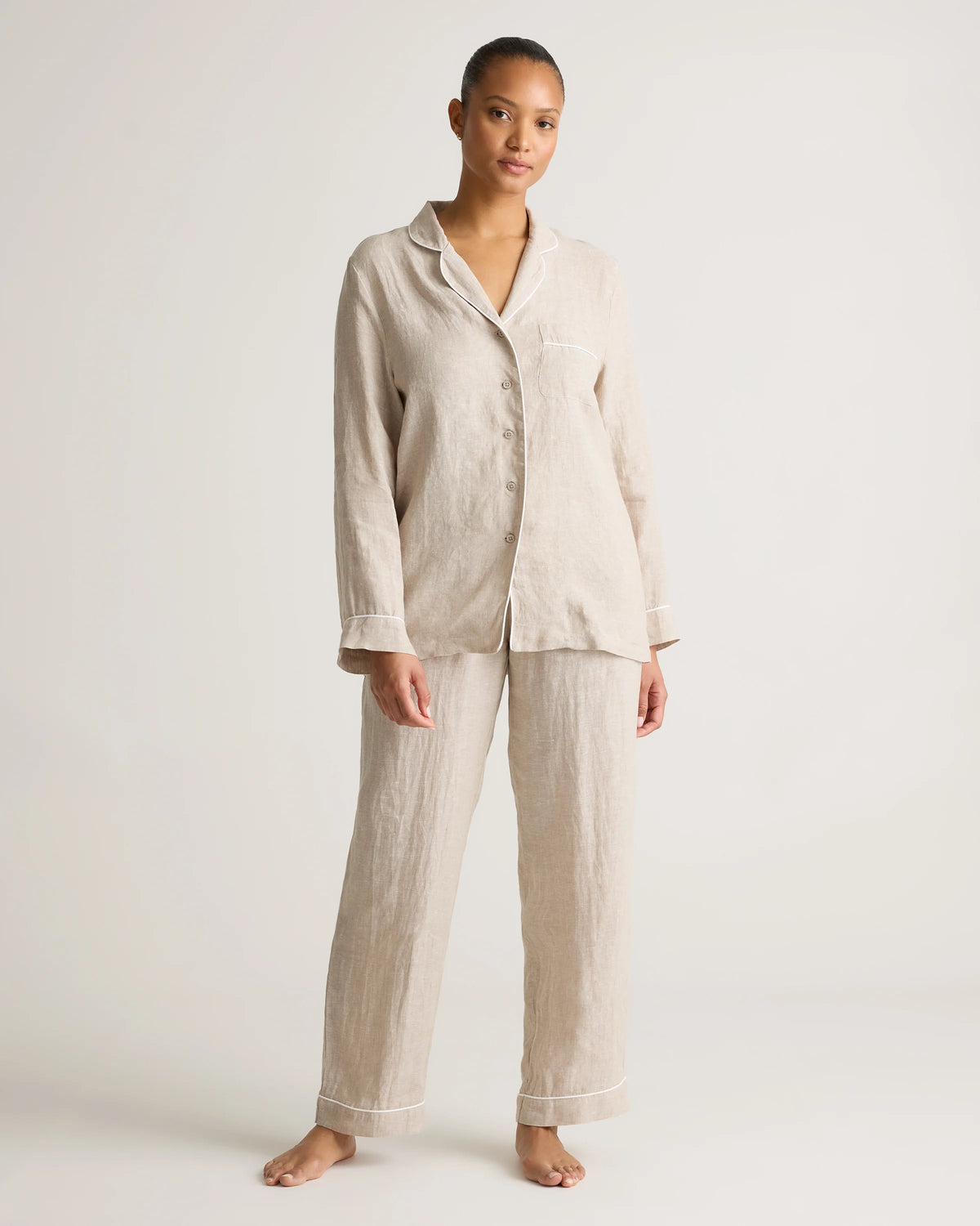 100% European Linen Long Sleeve Pajama Set with Piping - XS / Taupe Brown Gingham