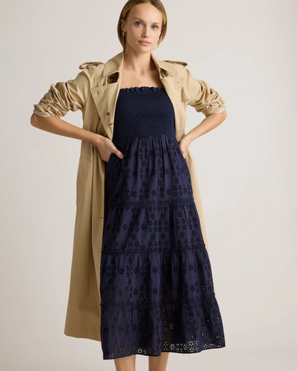100% Organic Cotton Eyelet Smocked Midi Dress - XS / White