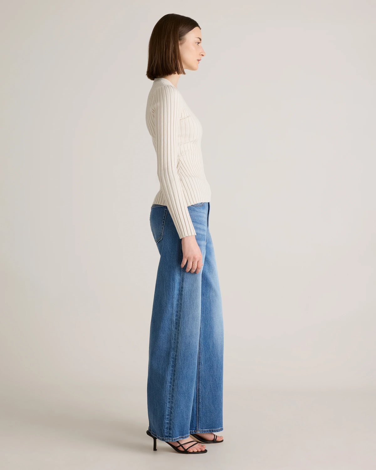 Cotton Cashmere Ribbed Long Sleeve Sweater - XS / Sugar Stone