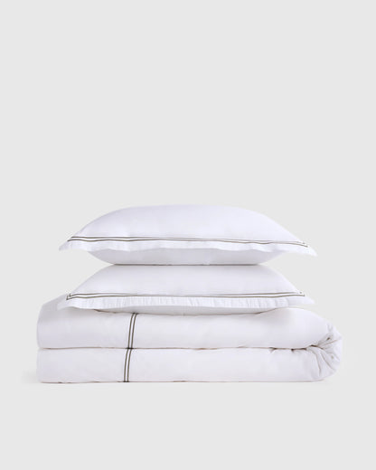 Organic Crisp Percale Embellished Duvet Cover Set - Twin / White/Navy