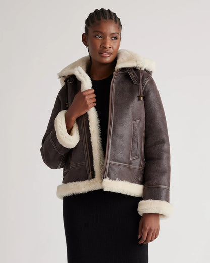 100% Shearling Cold Weather Bomber Jacket - XS / Black