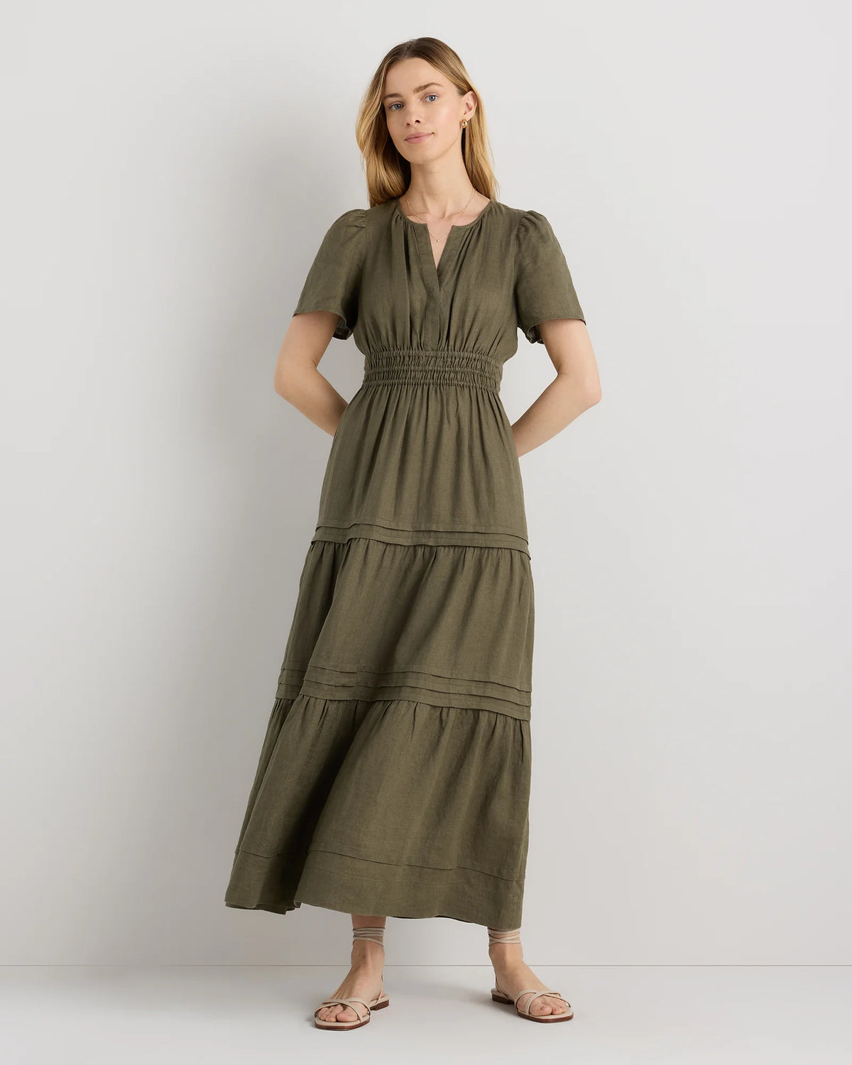 100% European Linen Tiered Maxi Dress - XS / Ivory Porcelain Blue Petite Floral