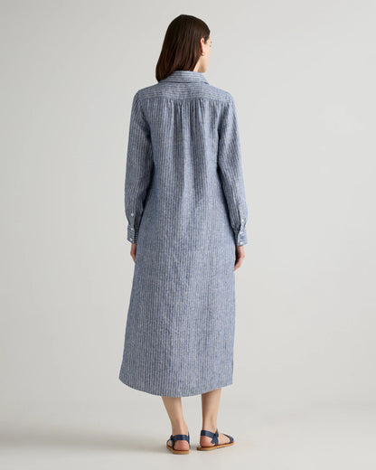 100% European Linen Popover Maxi Dress - XS / Blue Pinstripe