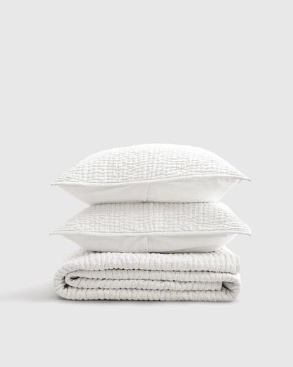 European Linen Cotton Stitch Quilt Set - Twin / Stone