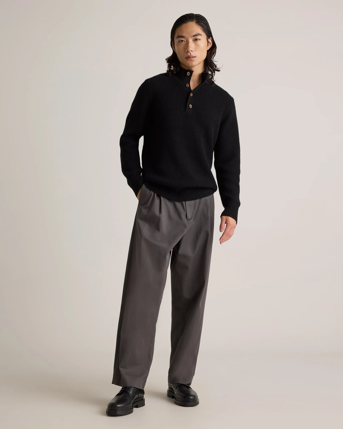 Mongolian Cashmere Waffle Quarter Button Sweater - S / Elk Brown