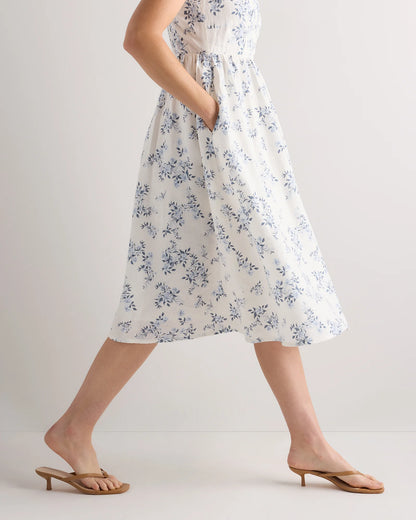 100% European Linen Fit & Flare Midi Dress - XS / Ivory Porcelain Blue Petite Floral