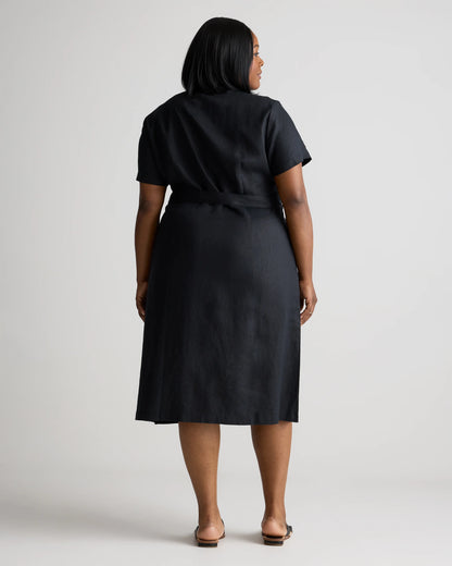 100% European Linen Button Front Dress - 1X / Blue Pinstripe