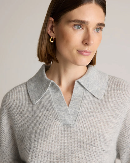 Baby Alpaca-Wool Waffle Stitch Polo Sweater - XS / Ivory