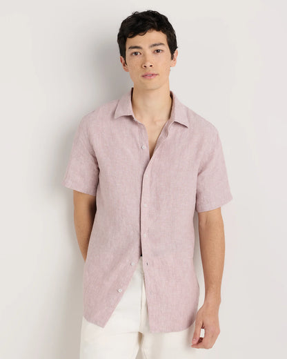 100% European Linen Relaxed Short Sleeve Shirt - XS / Taupe Brown Chambray