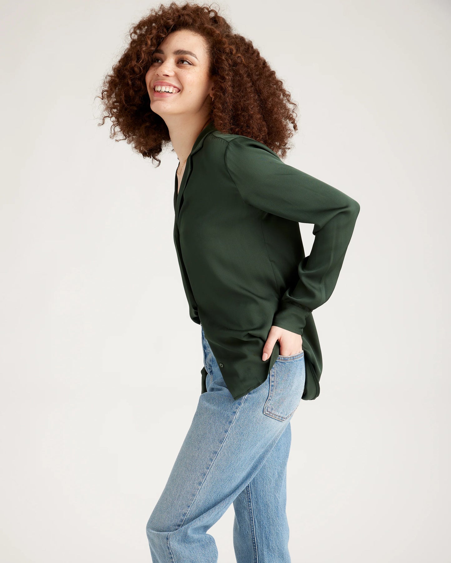 Washable Stretch Silk Notch Collar Blouse - XS / Moonstone Blue