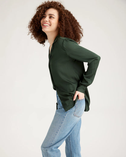 Washable Stretch Silk Notch Collar Blouse - XS / Moonstone Blue