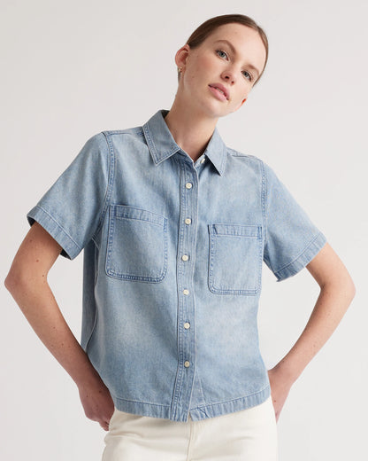Distressed Denim Short Sleeve Shirt - XS / Light Chambray